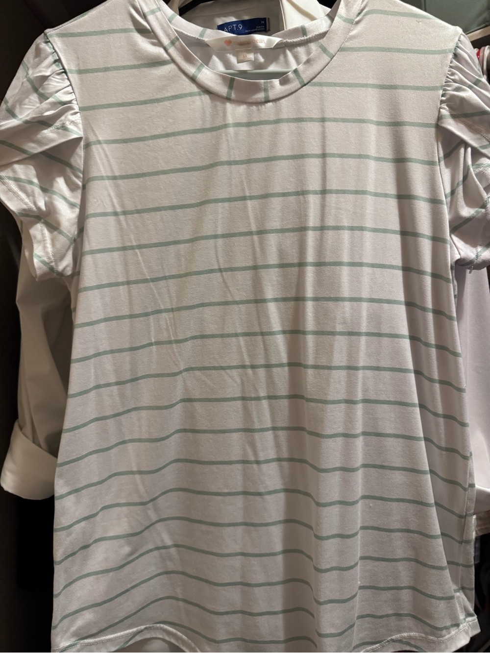 Maternity White & Mint Stripe Puff Sleeve Top